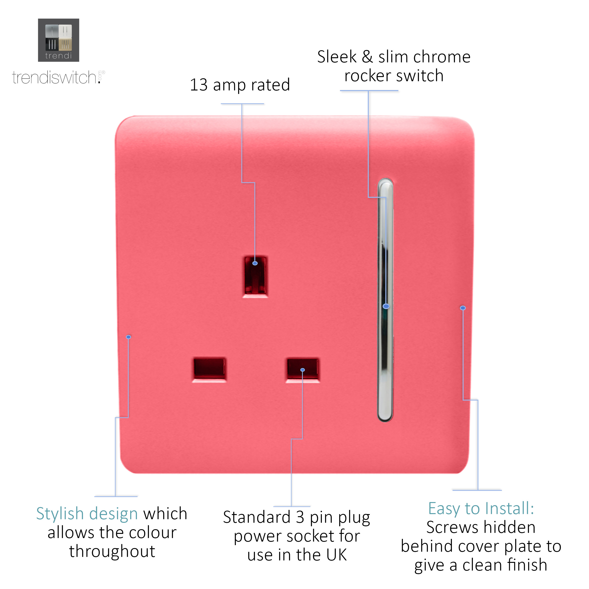 1 Gang 13Amp Switched Single Socket Strawberry ART-SKT13SB  Trendi Strawberry